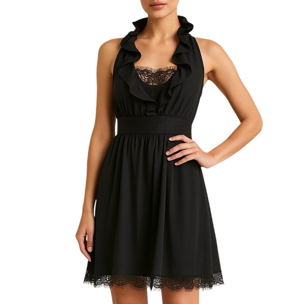 White House Black Market Sz 4 Halter Neck Ruffle Silk Dress Black Lace Cocktail